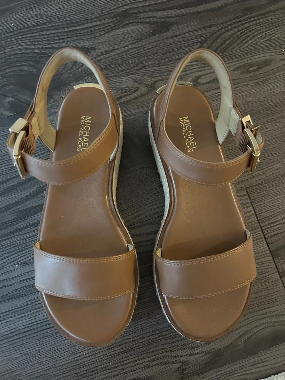NWOT Michael Kors Luggage Brown Leather Platform Espadrille Sandal